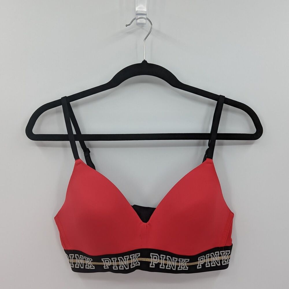 Victoria's Secret PINK Bra 34C Red Wireless Lightly Lined Logo-READ